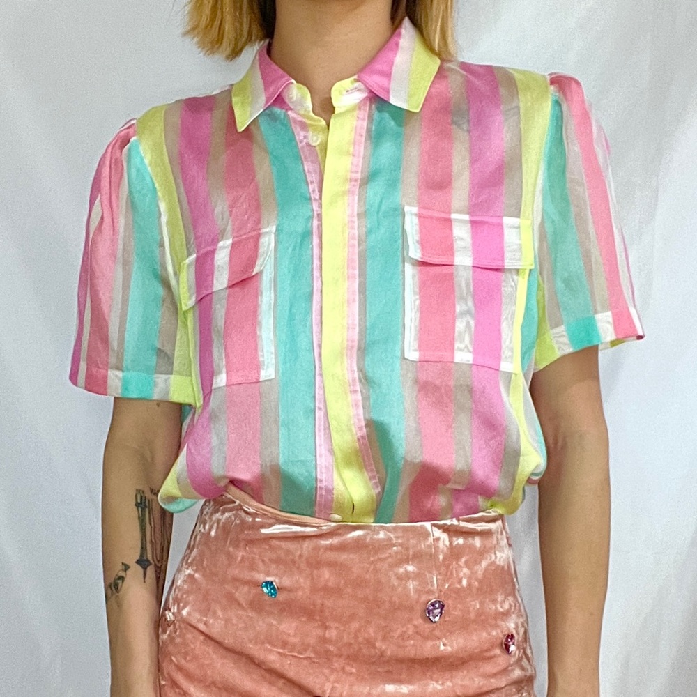 Halogen X Atlantic Pacific pastel sheer striped button down shirt